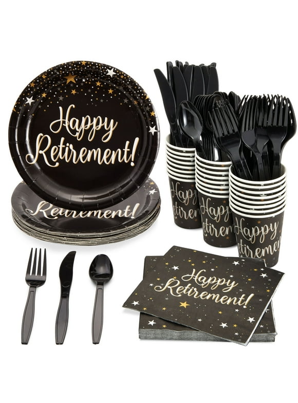 144-Piece Happy Retirement Decorations and Party Supplies with Paper Plates, Napkins, Cups, and Cutlery, Disposable Dinnerware Set for Farewell Celebration, for Men and Women (Serves 24 Guests)