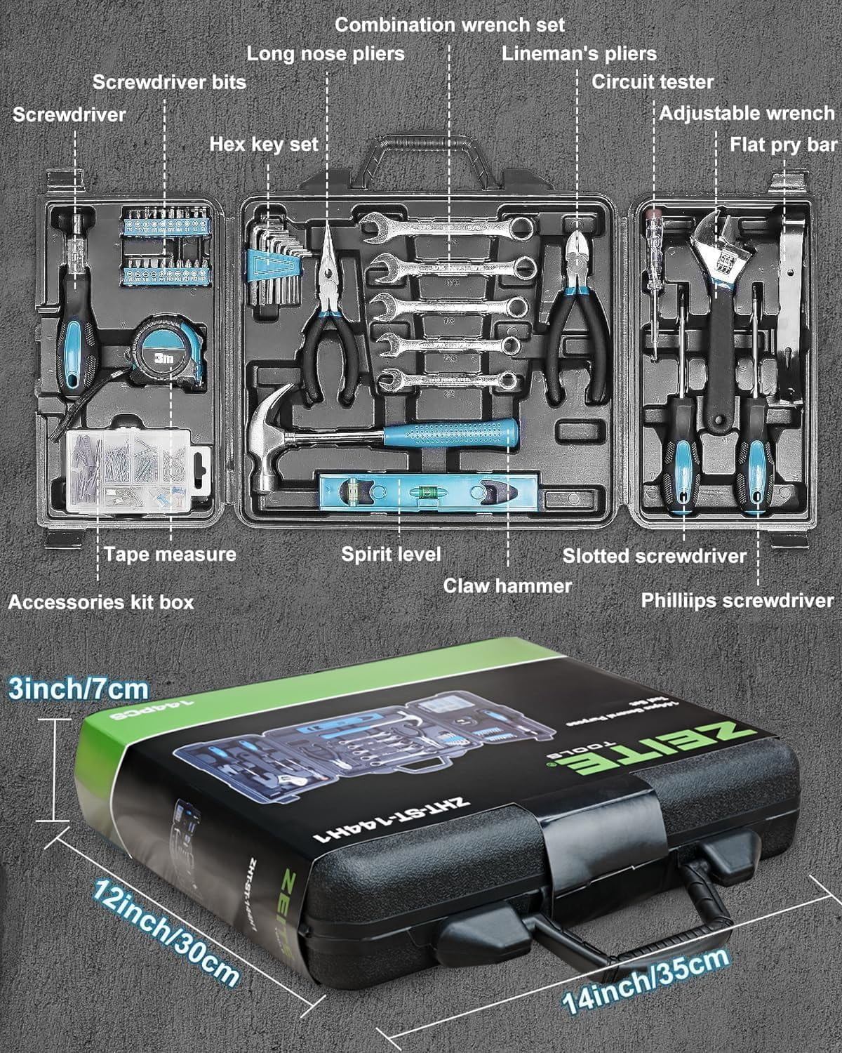144 Piece Home Tool Kit with Storage Box, Multi-Functional Hand Tool Set for  and Repairs