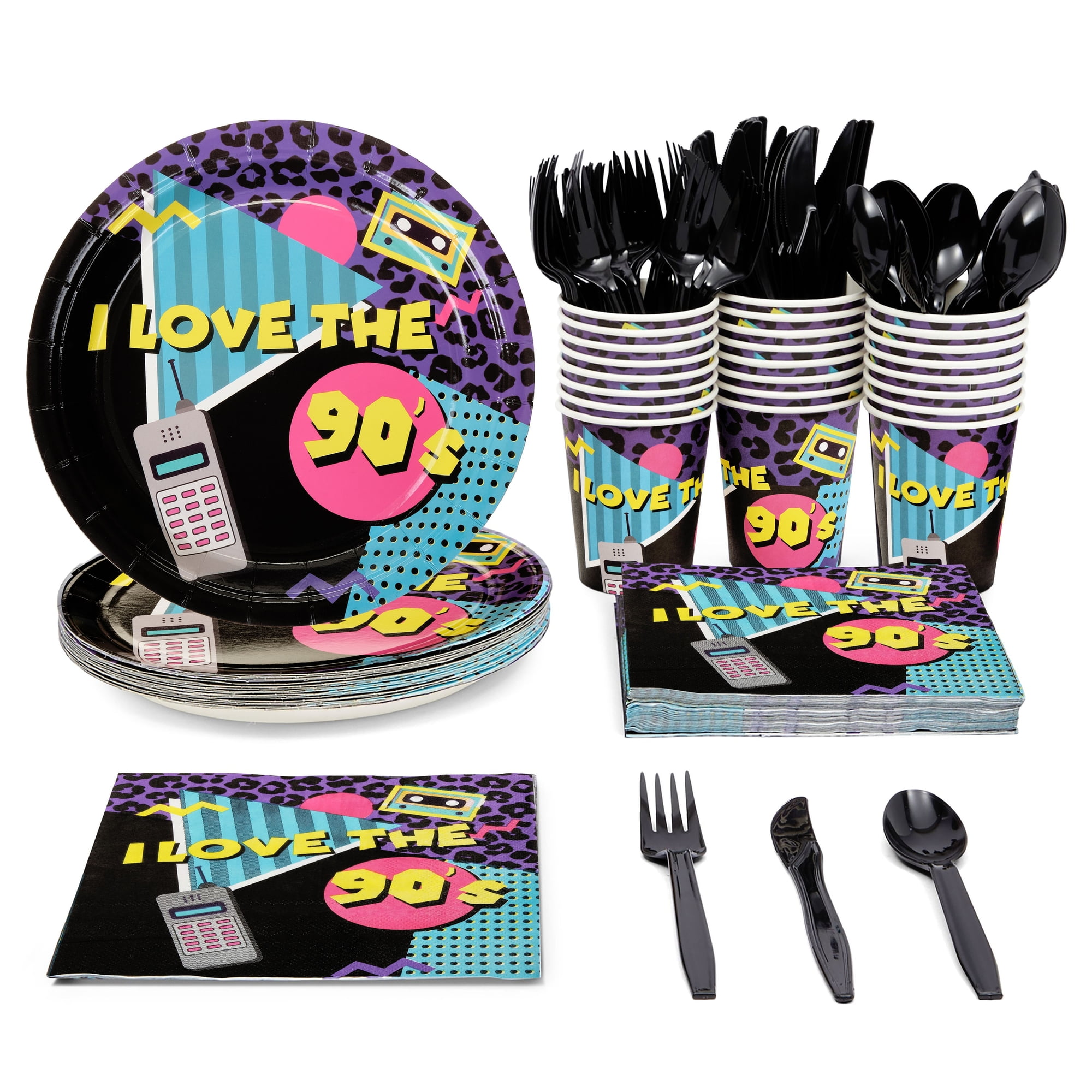 144 Piece I Love the 90s Theme Party Decorations, Retro 1990s Birthday Plates, Napkins, Cups, Cutlery (Serves 24)