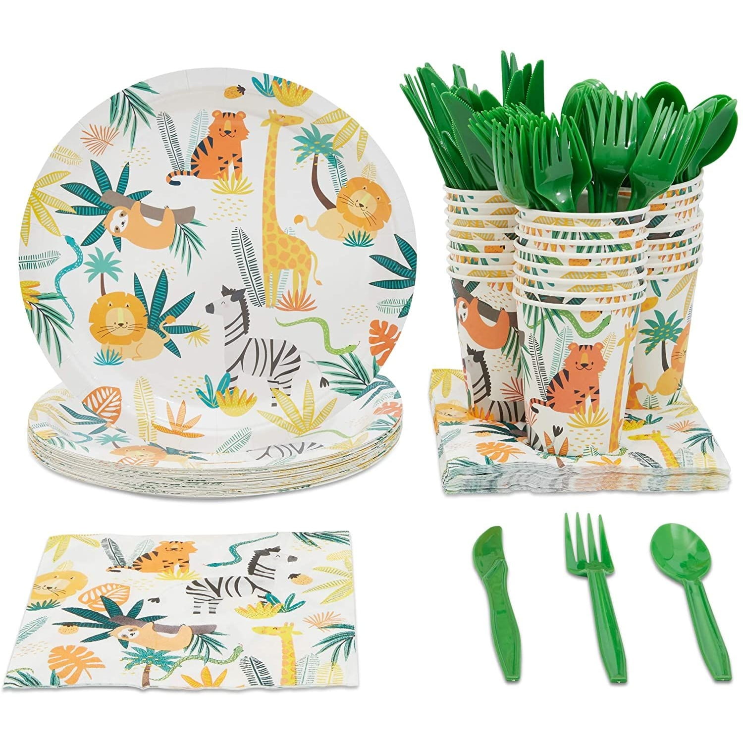 BLUE PANDA 144 Piece Jungle Safari Theme Birthday Party Decorations, Zoo Animal Dinnerware Plates, Napkins, Cups, and Cutlery (Serves 24)