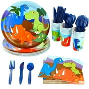 144 Piece Kids Dinosaur Birthday Party Supplies with Plates, Knives, Spoons, Forks, Cups, and Napkins (Serves 24)