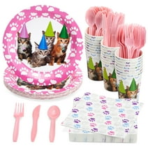 144-Piece Kitten Party Supplies Set with Cat Birthday Paper Plates, 6.5-Inch Napkins, 9oz Cups, and Plastic Cutlery, Knives, Spoons, and Forks (Serves 24 Guests)