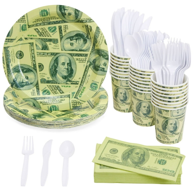 144 Piece Money Birthday Party Decorations for Party Supplies, Paper  Plates, Napkins, Cups, & Cutlery Tableware Set, Hundred Dollar Bill Novelty  (24 Guests) 