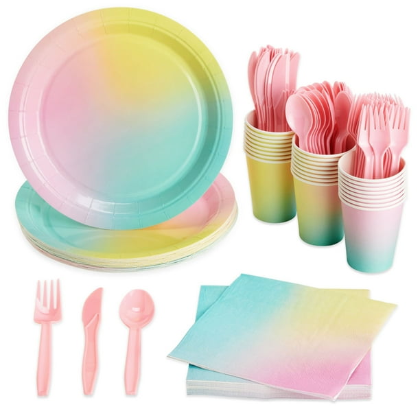 144 Piece Pastel Rainbow Birthday Party Supplies, Dinnerware with Paper