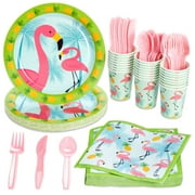 144-Piece Pink Flamingo Birthday Party Supplies, Paper Plates, Napkins, Cups, Cutlery for Summer Hawaiian Themed Party, Girl Baby Shower Decorations (Serves 24 Guests)