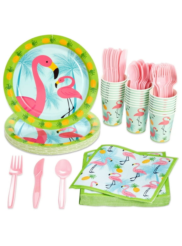 144-Piece Pink Flamingo Birthday Party Supplies, Paper Plates, Napkins, Cups, Cutlery for Summer Hawaiian Themed Party, Girl Baby Shower Decorations (Serves 24 Guests)
