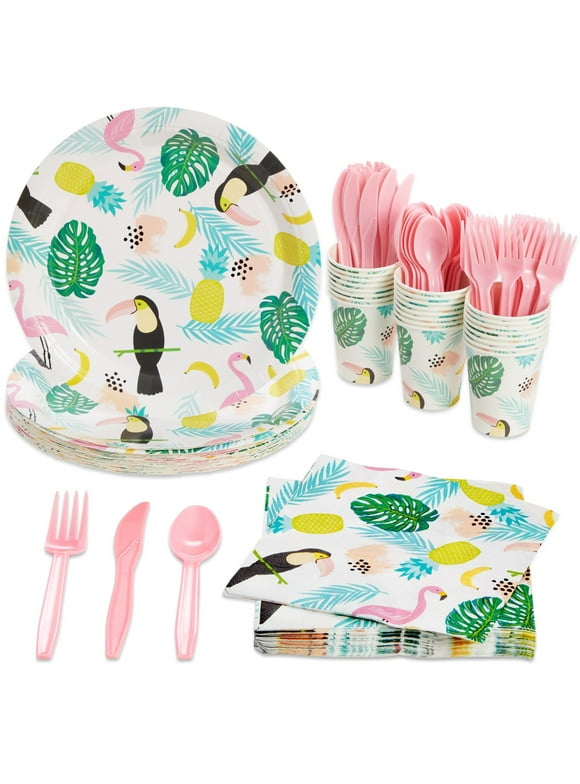 144-Piece Set of Tropical Paper Plates, Flamingo Napkins, Cups, Pink Cutlery for Hawaiian Luau Party Supplies, Summer Birthday Decorations, Disposable (Serves 24)