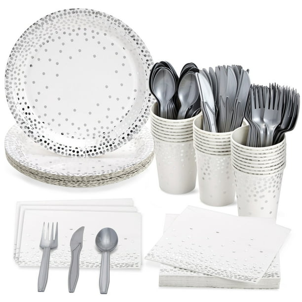 144 Piece Silver Party Supplies for Wedding, Birthday, Includes Plates