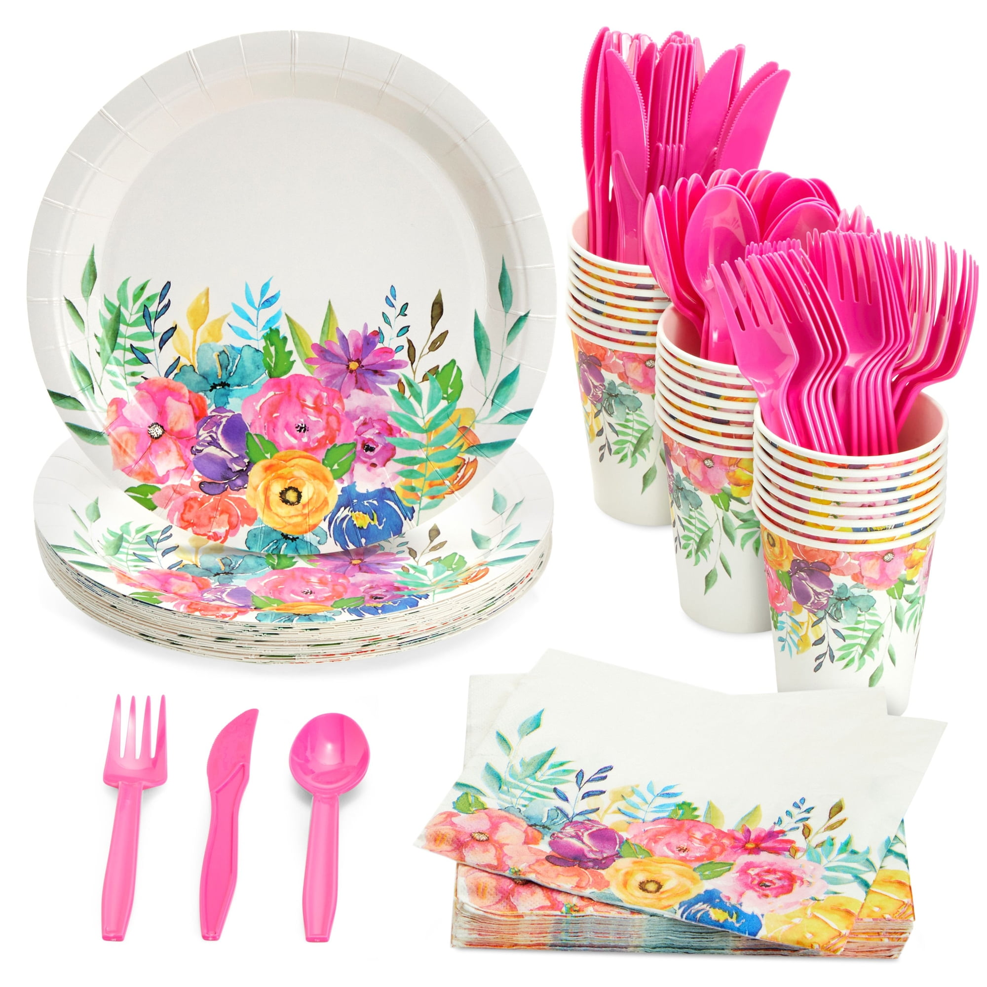 96Pcs Floral Party supplies Pink Flower Paper Plates Napkins Forks, Tea  Party Decorations for Girls Flower Birthday Party, Garden Theme Party, Tea