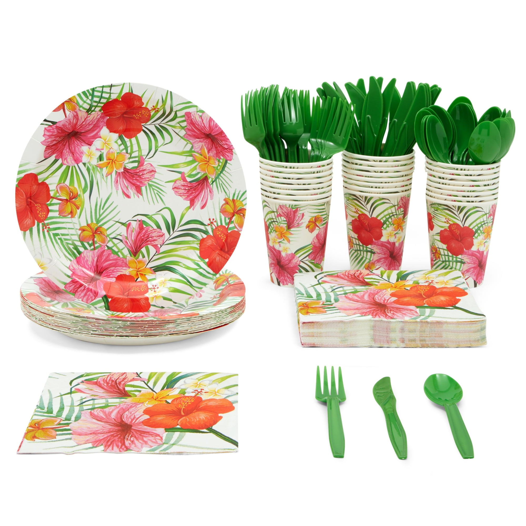 BLUE PANDA 144 Piece Tropical Luau Party Supplies, Hawaiian Dinnerware Set with Plates, Napkins, Cups, and Cutlery (Serves 24)