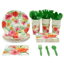 144 Piece Tropical Luau Party Supplies, Hawaiian Dinnerware Set with Plates, Napkins, Cups, and Cutlery (Serves 24)