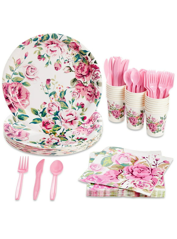 144 Piece Vintage Style Tea Party Supplies with Pink Floral Paper Plates, Napkins, Cups, and Cutlery, Disposable Tableware Set for Girls Baby Shower, Wedding, Serves 24