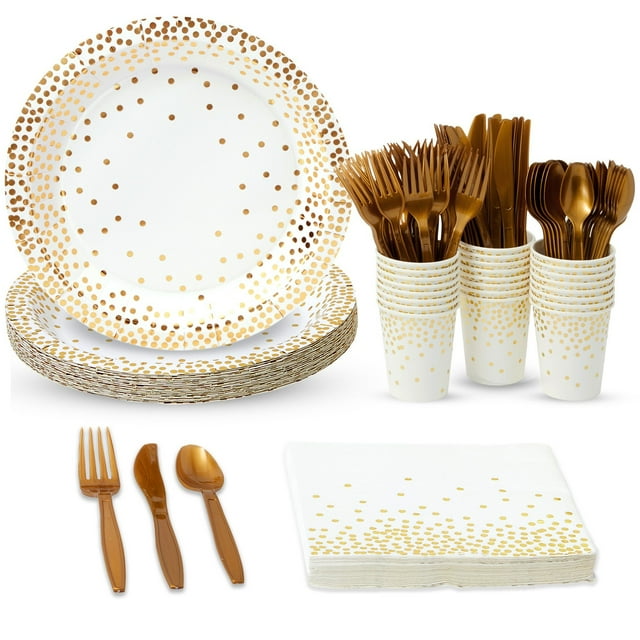 144 Piece White and Gold Party Supplies for Wedding, Birthday Gold