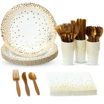 144 Piece White and Gold Party Supplies for Wedding, Birthday - Gold Table Decorations with Plates, Napkins, Cups, and Cutlery (Serves 24)