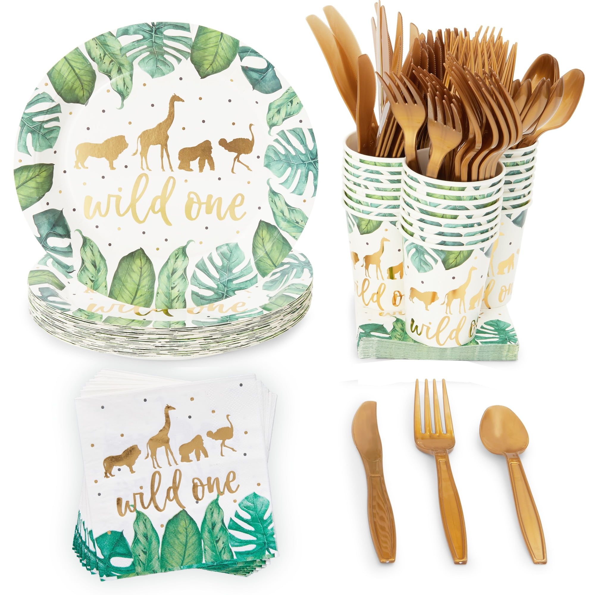 SPARKLE AND BASH 144 Piece Wild One Party Supplies for First Birthday Decorations with Safari Plates, Napkins, Cups, and Cutlery (Serves 24)