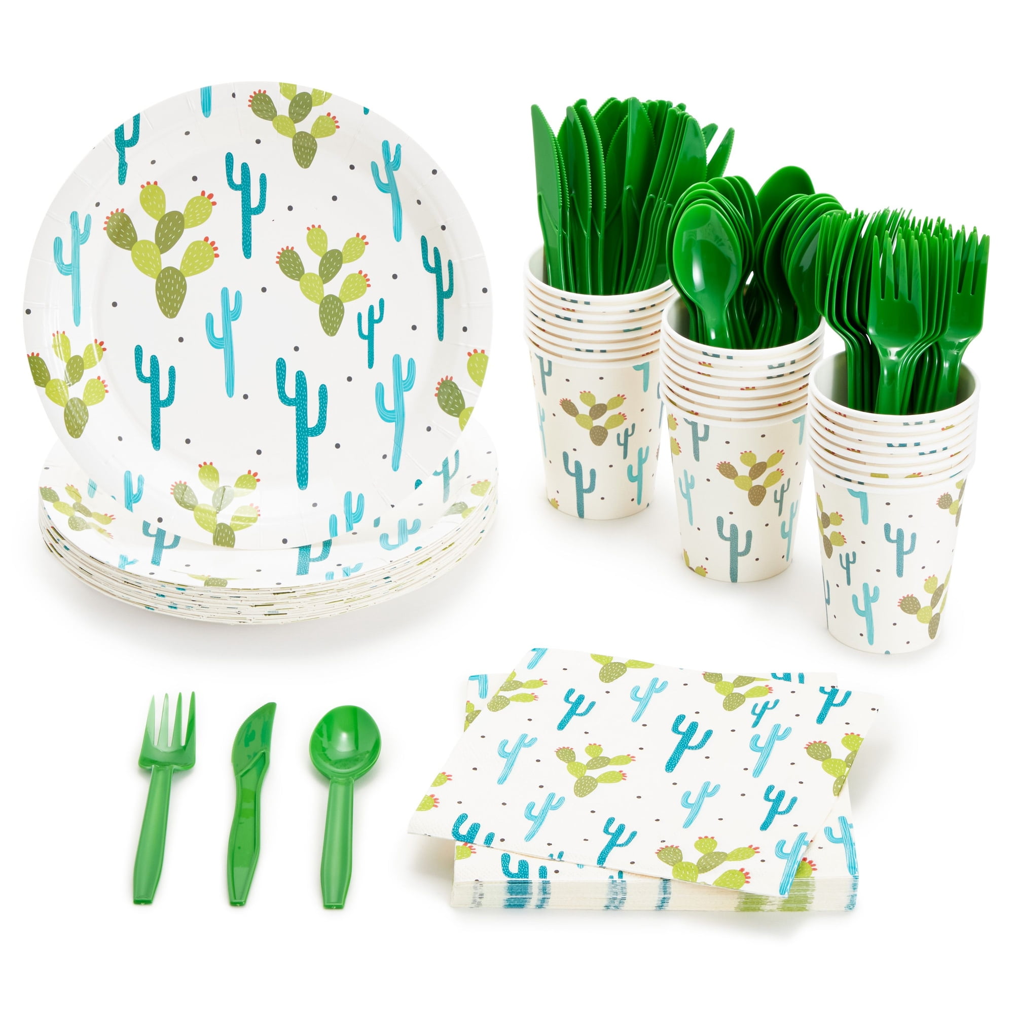 JUVALE 144-Pieces of Cactus Party Supplies with Succulent Plates, Napkins, Cups and Cutlery for Fiesta Party Celebration, Birthday, Taco Baby Shower Decorations (Serves 24)