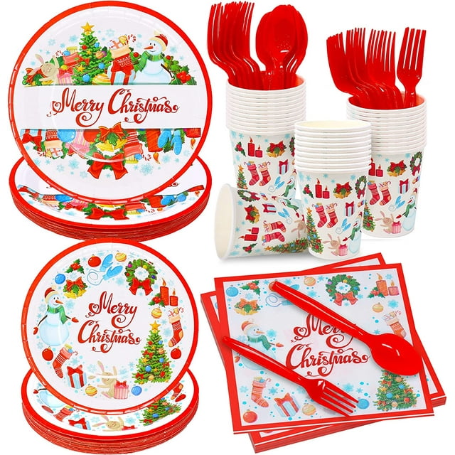 144 Pieces, Christmas Dinnerware Set Disposable Serves 24 Guest