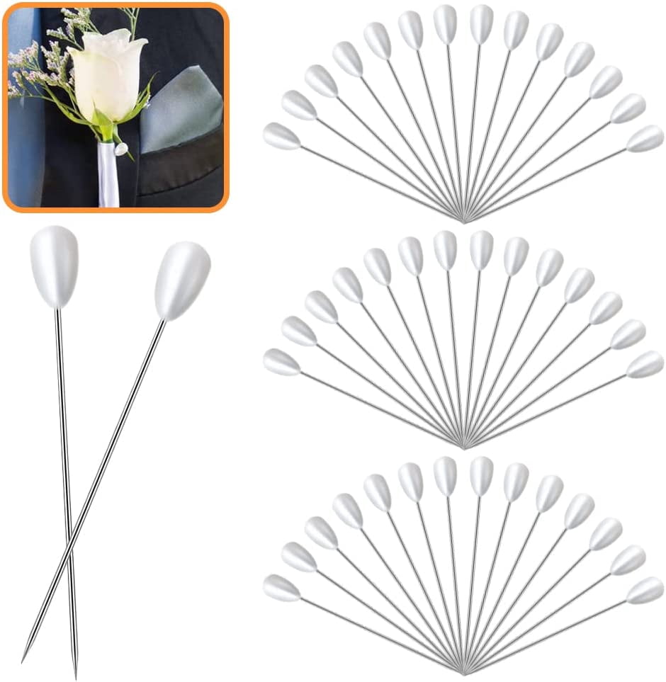 144 Pieces Corsage Pins, Teardrop Pearl Head Pins Long Boutonniere Pins ...