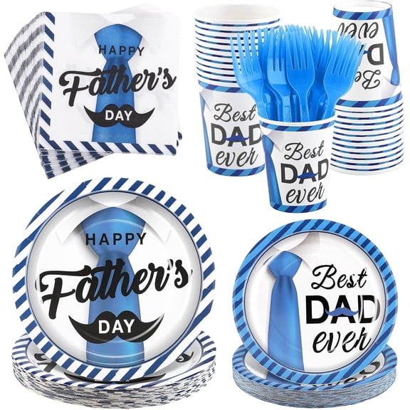 144 Pieces Father's Day Party Tableware Sets Including Disposable Plates Napkins Cups Forks Serves 24 for Decorations Dad Grandpa Celebration Happy Supplies