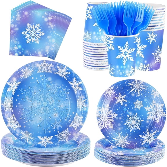 144 Pieces Frozen Party Supplies, Snowflake Tableware Sets Including Disposable Paper Plates Napkins Cups Forks Serves 24 for Winter Christmas Holiday Wonderland Birthday Party Decorations