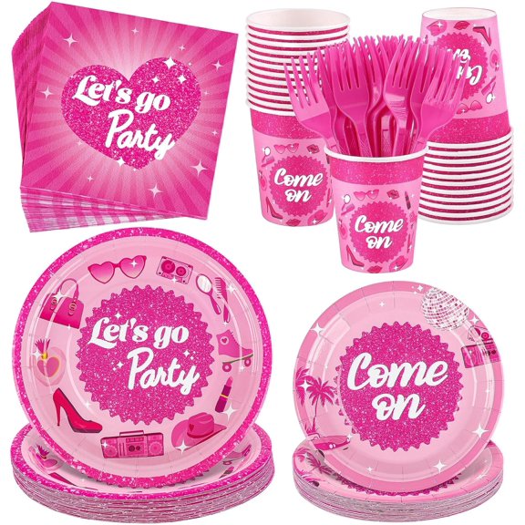 144 Pieces Let's Go Party Tableware Sets Including Disposable Plates Napkins Cups Forks Serves 24 for Birthday Disco Pink Girl Party Supplies