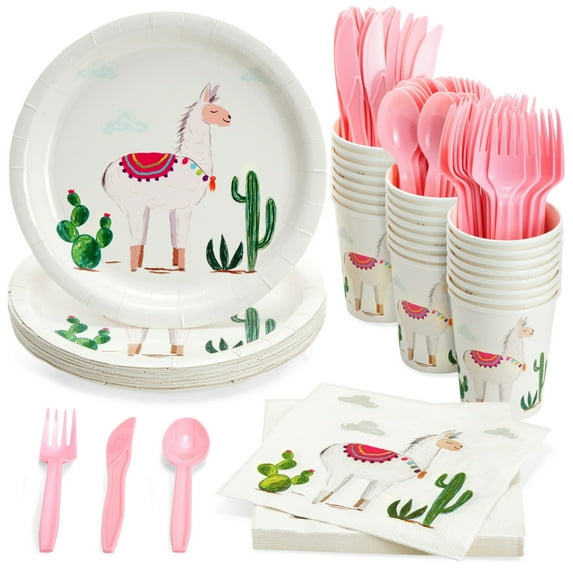 BLUE PANDA Llama & Cactus Paper Party Supply Set - Easy Cleanup Dishware - Vibrant Cactus Llama Decorations - Fiesta Baby Shower Plates & Alpaca Birthday Party Place Settings - 144pc, Serves 24