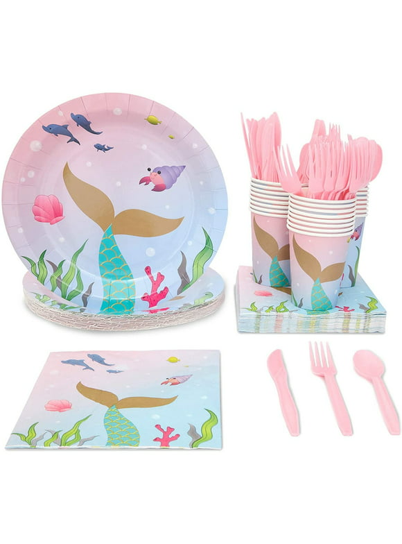 144 Pieces Mermaid Birthday Party Supplies, Dinnerware Set with Plates, Napkins, Cups, Cutlery (Serves 24)