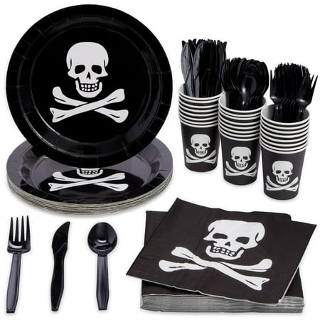 144-Pieces Pirate Party Supplies with Skeleton Paper Plates, Napkins, Cups and Cutlery for Skull Birthday Party Decorations, Disposable Dinnerware Set (Serves 24)