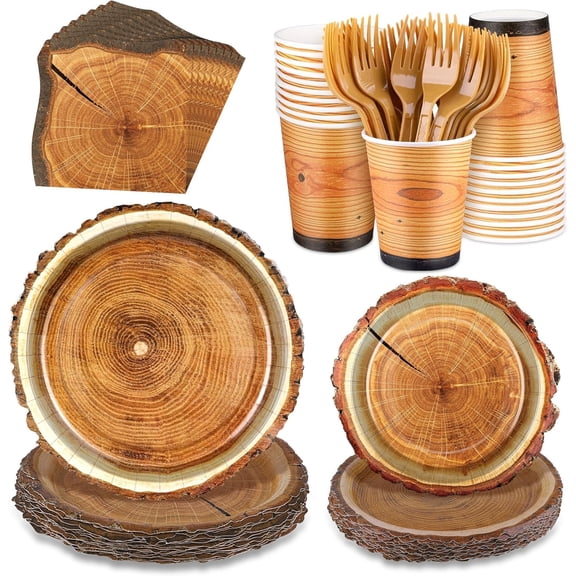 144 Pieces Rustic Wood Party Supplies, Wood Grain Slice Tableware Sets Including Disposable Paper Plates Napkins Cups Forks Serves 24 for Camping Birthday Forest Themed Party Decorations