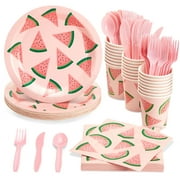144 Pieces Watermelon Party Supplies with Plates, Napkins, Cups, and Cutlery, One In A Melon Party Decorations for Girls Summer Birthday Party, Baby Shower (Pink, Serves 24)