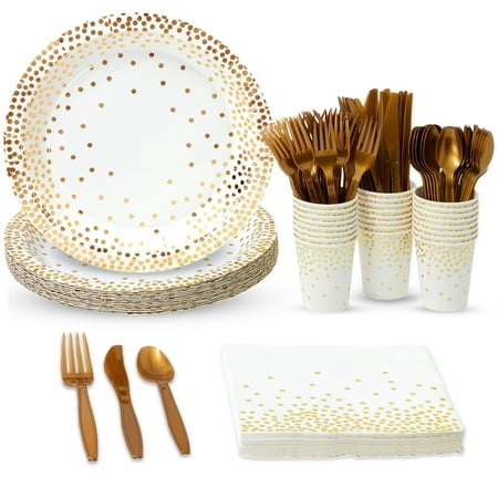 144 Pieces White and Gold Party Supplies for White and Gold Birthday Decorations with Paper Plates, Napkins, Cups, and Cutlery for Birthday, Wedding , Serves 24