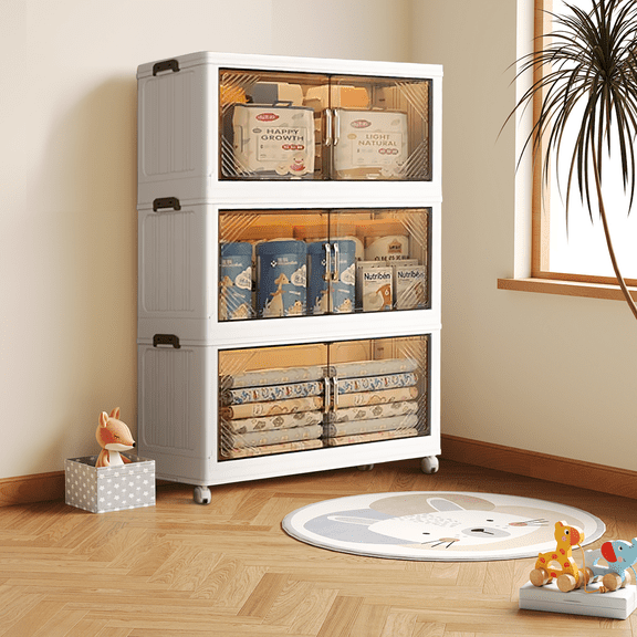 144 QT, 3 Tiers Collapsible Storage Bins Organizer, Stackable Cube Large Plastic Storage Box with Lids & Wheels, Storage Containers for Toy, Snacks, Kitchen, Under Bed Use, Closet, Storage Organiser