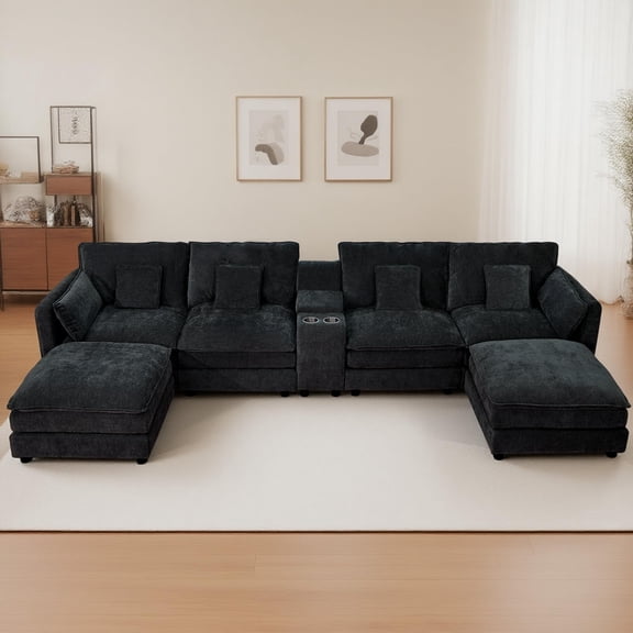 144" U Shaped Sectional Couch Oversized Cloud Sofa with Cup Holders & Storage Console Chenille Comfy Modular Sofa with Double-Layer Cushion 2 Movable Ottoman Throw Pillows for Living Room (Black)