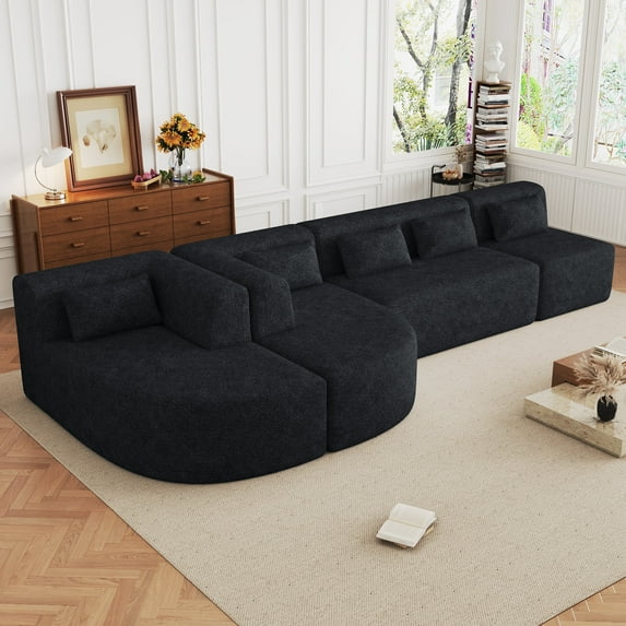 144" Upholstered Sofa Free-combined Sofa Couch with Two Chaise Lounge and Five Back Pillows for Living Room (Black)