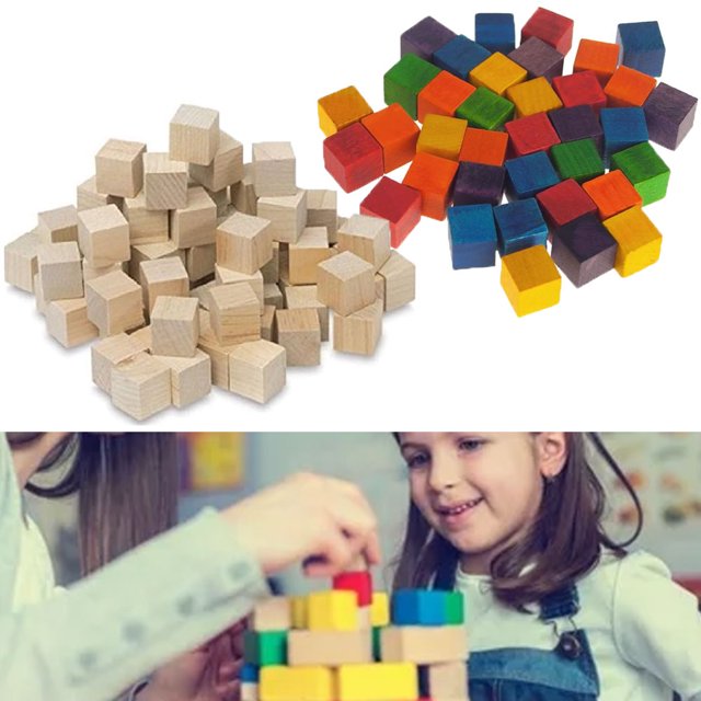 144 Wood Cubes Wooden Craft Blocks Assorted Color Natural Hardwood