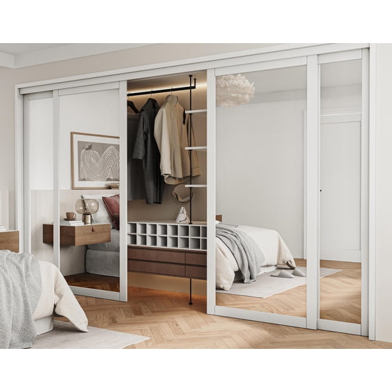 144" x 80" 1 Lite Mirrored Glass Double Sliding Closet Door with Hardware Kit