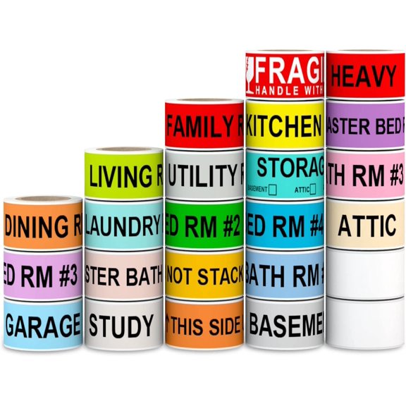1440 Count Home Moving Labels,24 Rolls Different Color Coding Moving Labels for Boxes Stickers + Fragile Moving Stickers + 2 Blank Label roll is for Customized use