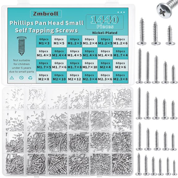 1440 Pcs Mini Screws - Self Tapping Phillip Pan Head Micro Electronic Screws, M1-M2.3 Silver, 24 Size Assortment