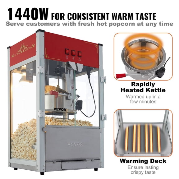 1440W 12 Oz Commercial Popcorn Maker - Red Countertop Machine Pops 80 Cups