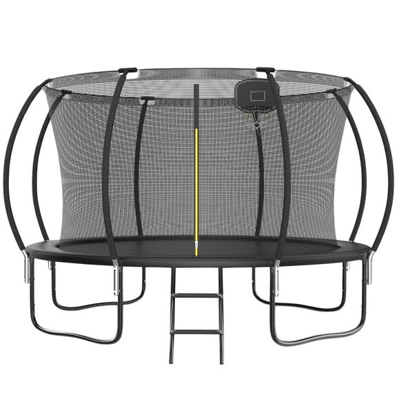 144IN Trampoline for Kids, Seizeen Outdoor Trampolines with Enclosure, 2-IN-1 Large Trampoline with Basketball Hoop, Round Pumpkin Trampoline Anti-collision Curved Design for Backyard Play, Black