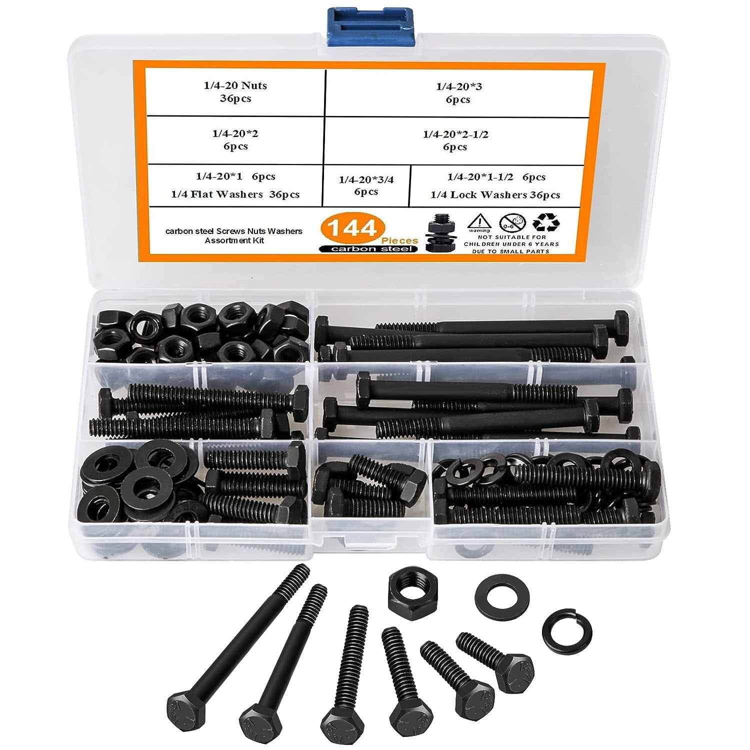 144PCS 1/420 Nuts and Hex Bolts Assortment kit with Hex