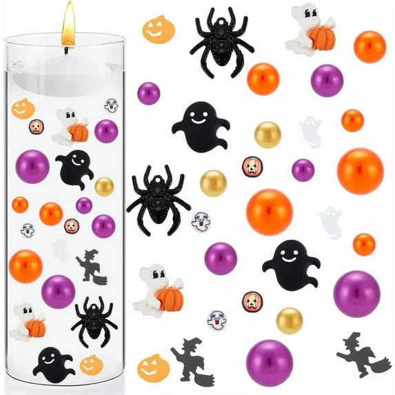 144PCS Halloween Vase Fillers Pearl Orange Purple Floating Pearl Beads with Spider Pendents Pumpkin Vase Centerpiece for Vase Fillers Party Table Scatter Wedding Home Display