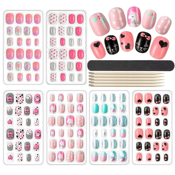 144PCS Kids False Nail, FITDON Press on Pre-Glue Full Cover Short Children False Nail