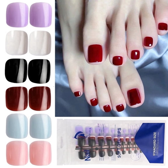 144PCS Reusable Press On Toenails Short Square Fake Toe Nails 6 Colors Glossy False Toenails with Tools for Women and Girls