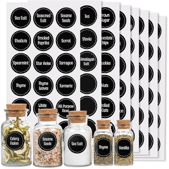 144PCS Spice Jar Labels, 1.5in Round Preprinted Black Script Stickers | Easy Peel and Stick Labels for Spice Racks, Storage Jars, Bottles and Boxes, Helping Keep Your Kitchen Organized