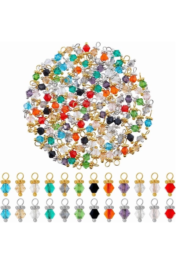 144Pcs 12 Colors Faceted Glass Charms Dangle Charms Faceted Glass Gemstone Bead Pendants Charms with Silver Gold Bead Cap for DIY Jewelry Making Necklace Bracelet Mixed Color