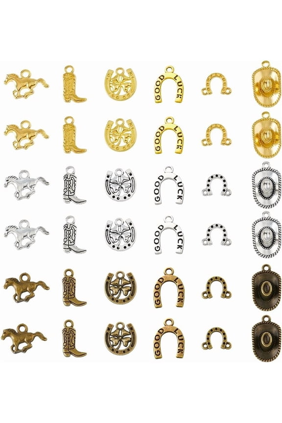 144Pcs 18 Styles Western Cowboy Theme Charms Alloy Cowboy Pendant Charms Connectors Set Vintage Hat Pendant Horseshoes Clover Linking Connectors Hole 1.2~2.5mm