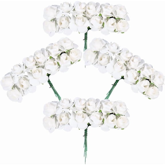 144Pcs Artificial Roses Paper Flowers White Mini Roses Bulk 1.8cm Tiny Flower with Soft Stem