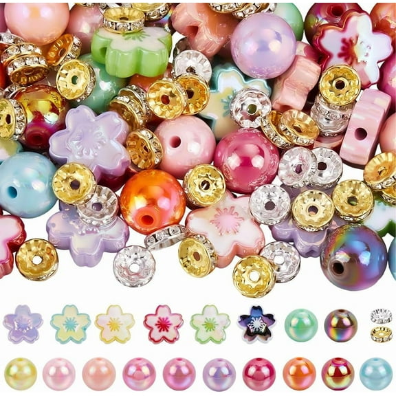 144Pcs Cherry Flower Beads Beadable Pens Bead Bulk Colorful Acrylic Spring Flowers Floral Cherries Blossom Round Rhinestone Loose Spacer Pens Bead Kit