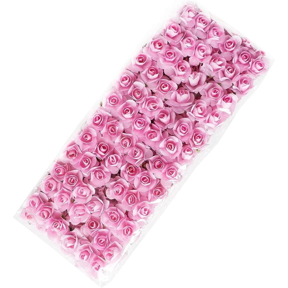 144Pcs/Pack 0.5" Mini Paper Flowers for Crafts Paper Roses for Scrapbooking DIY Paper Flower with Wire Stems Small Artificial Flowers Wedding Card Decoration,Pink
